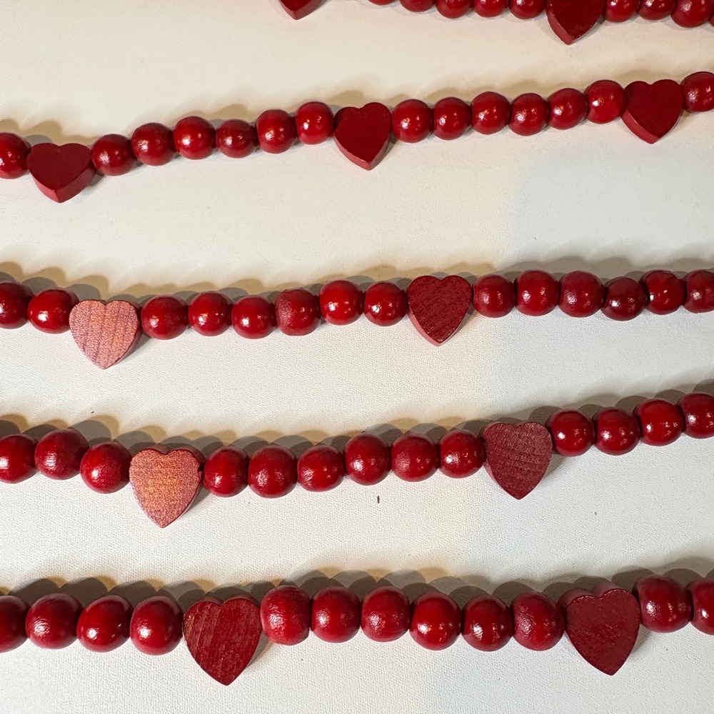 Red Wooden Bead Heart Garland 6ft Rustic Farmhouse Christmas Valentine Decor